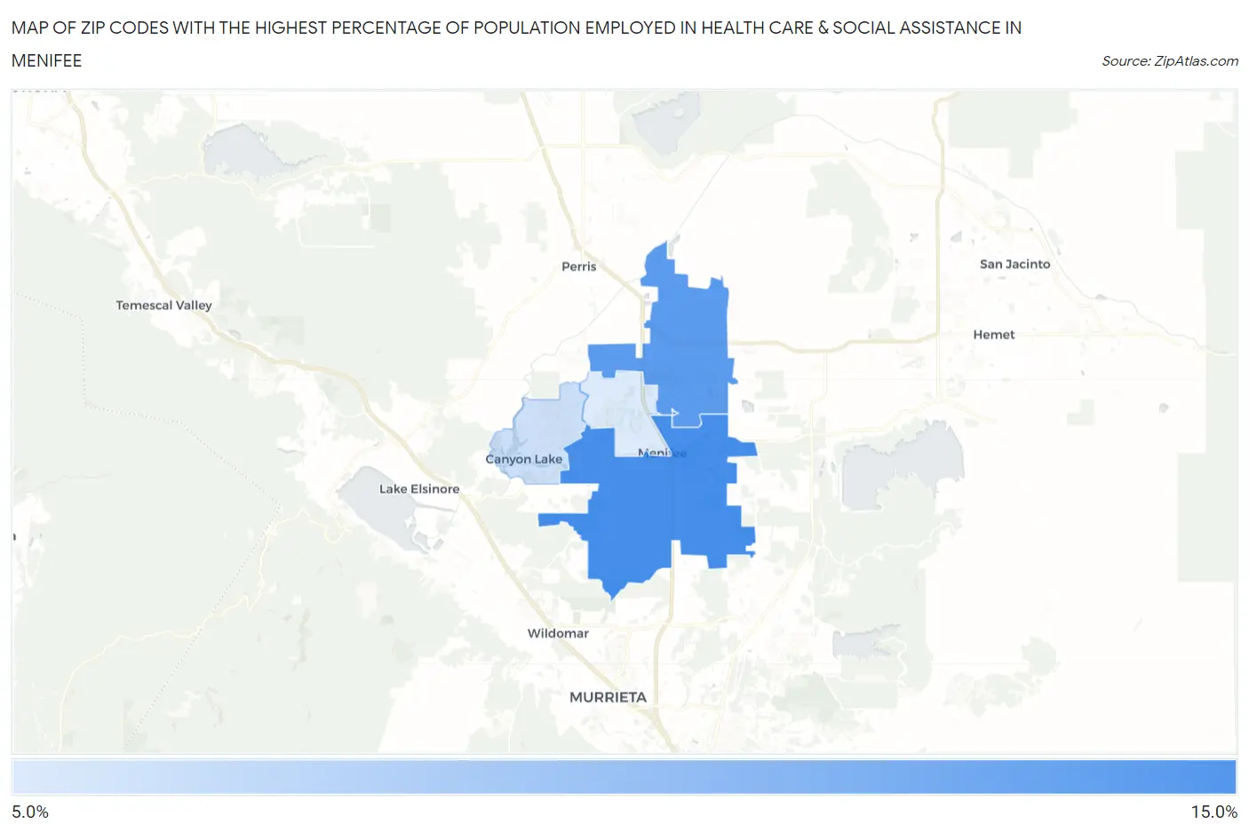 Zip Codes with the Highest Percentage of Population Employed in Health Care & Social Assistance in Menifee Map