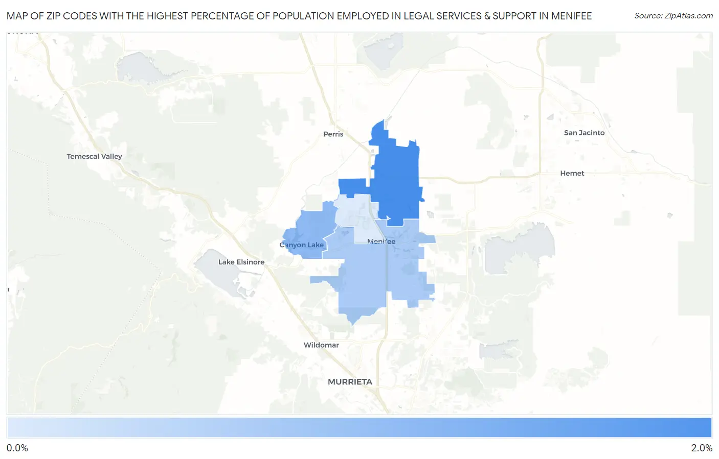Zip Codes with the Highest Percentage of Population Employed in Legal Services & Support in Menifee Map