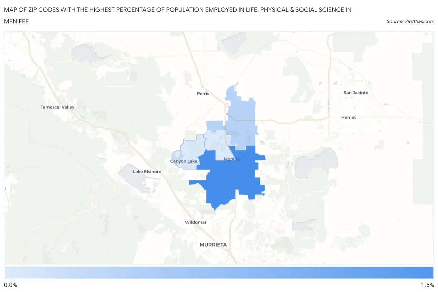 Zip Codes with the Highest Percentage of Population Employed in Life, Physical & Social Science in Menifee Map