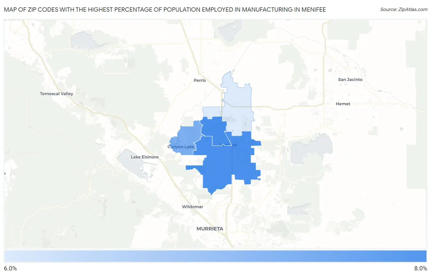 Zip Codes with the Highest Percentage of Population Employed in Manufacturing in Menifee Map