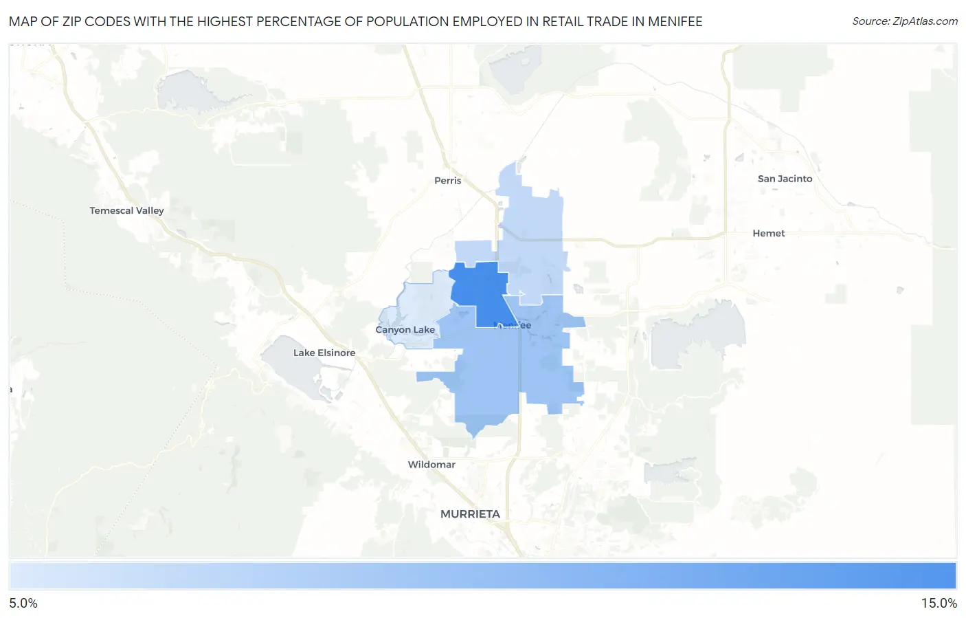 Zip Codes with the Highest Percentage of Population Employed in Retail Trade in Menifee Map
