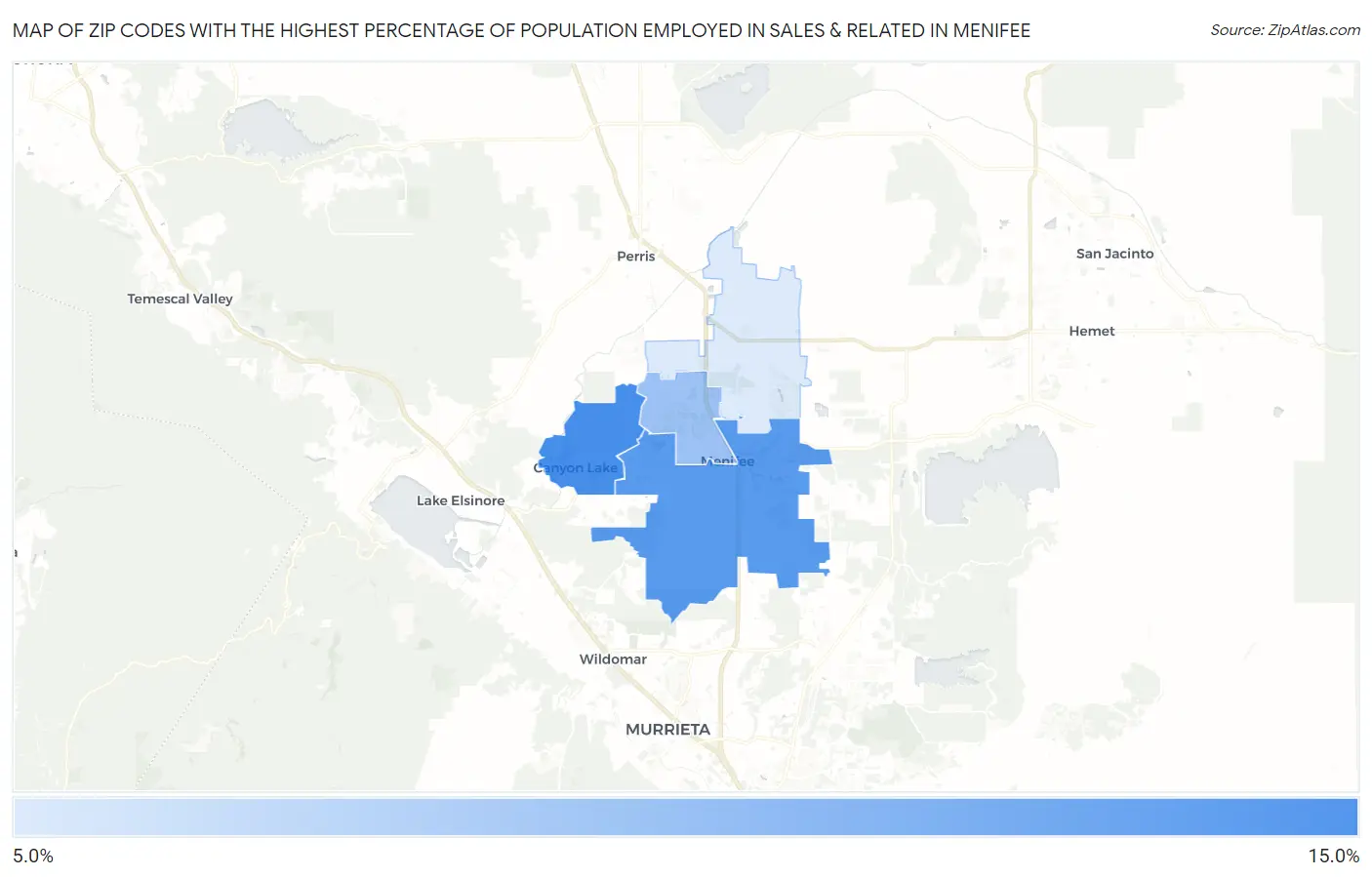 Zip Codes with the Highest Percentage of Population Employed in Sales & Related in Menifee Map