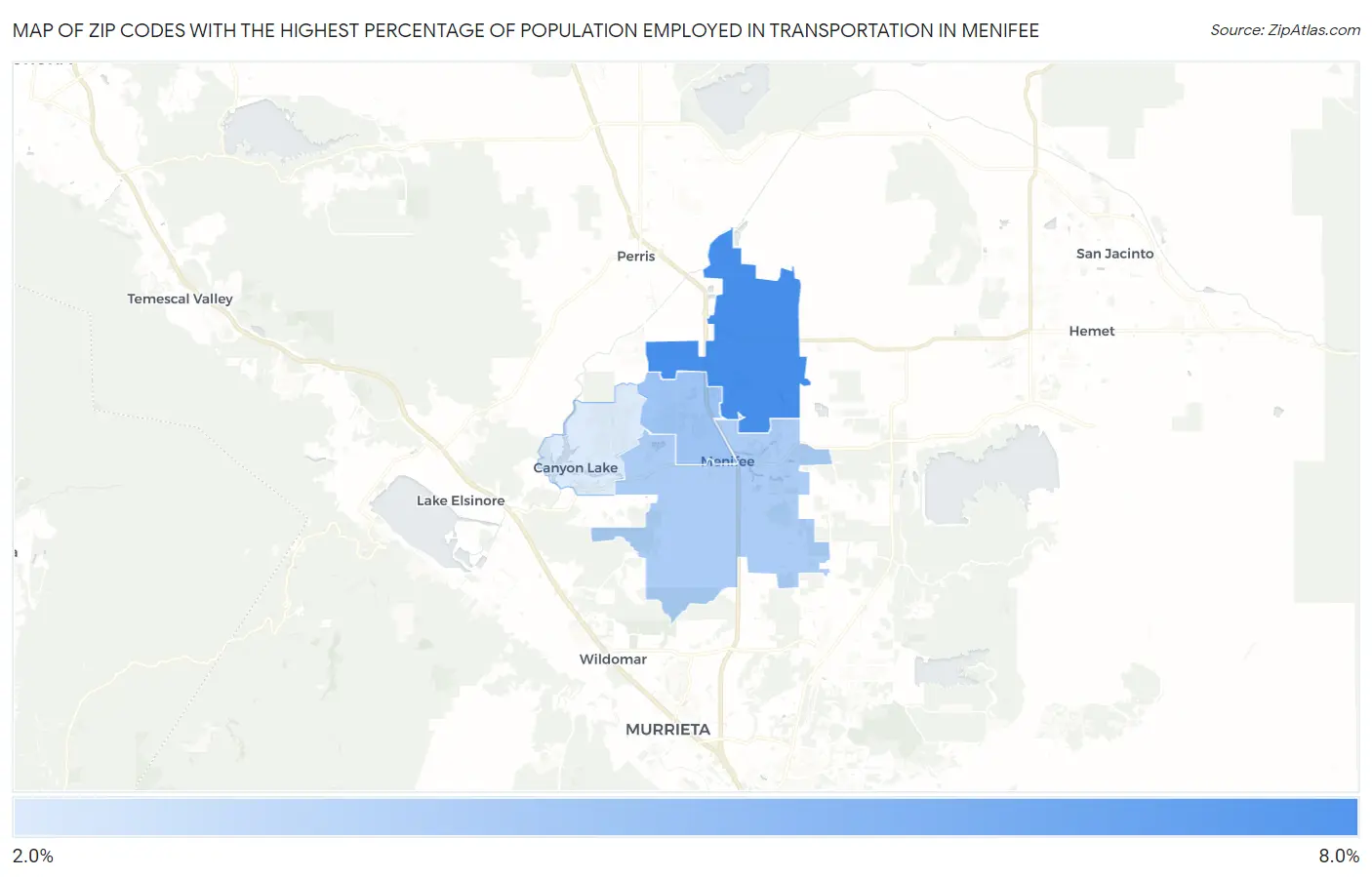 Zip Codes with the Highest Percentage of Population Employed in Transportation in Menifee Map