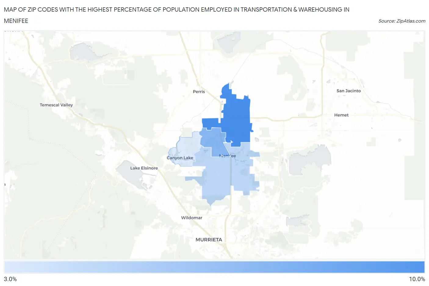 Zip Codes with the Highest Percentage of Population Employed in Transportation & Warehousing in Menifee Map