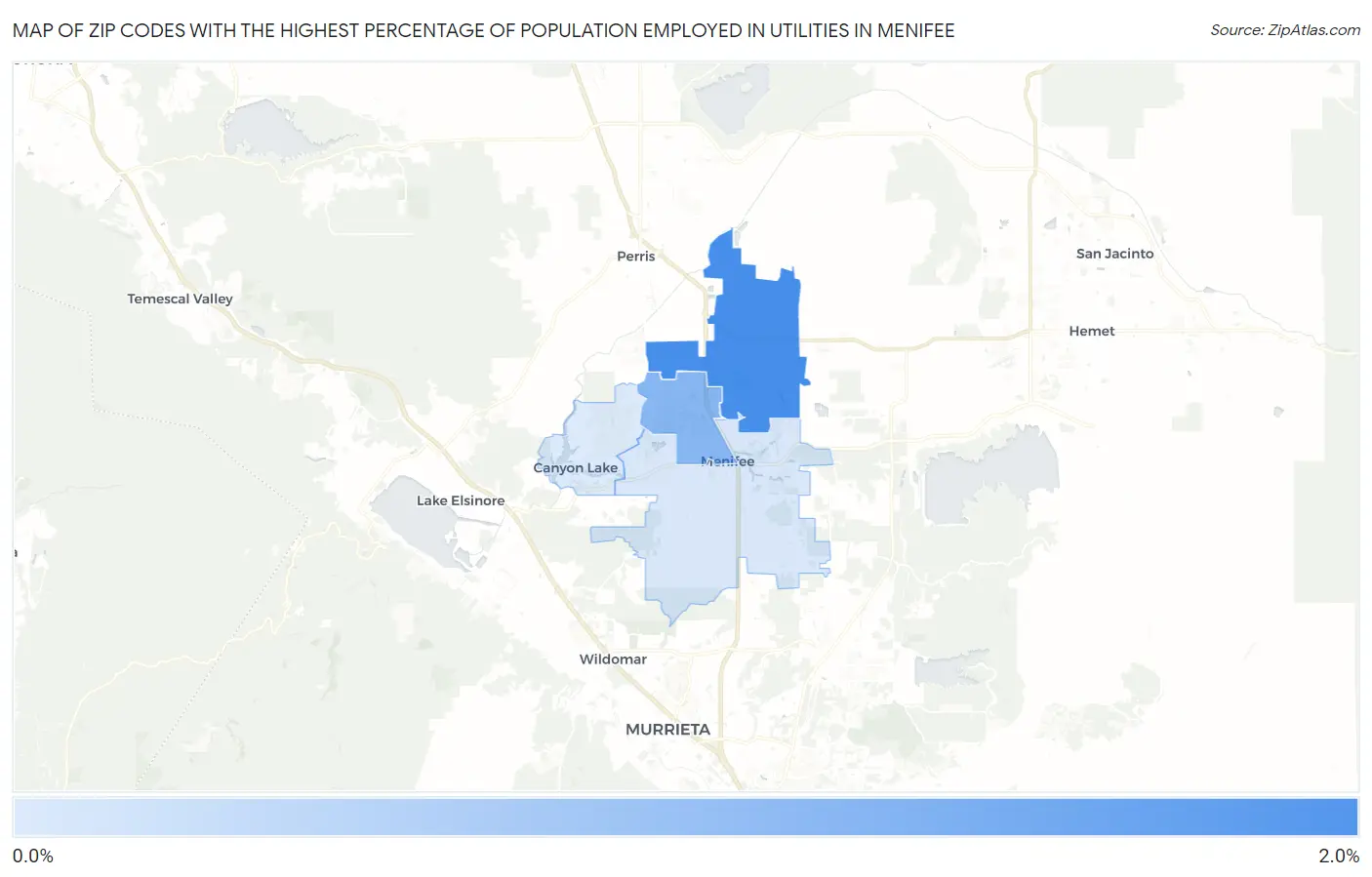 Zip Codes with the Highest Percentage of Population Employed in Utilities in Menifee Map