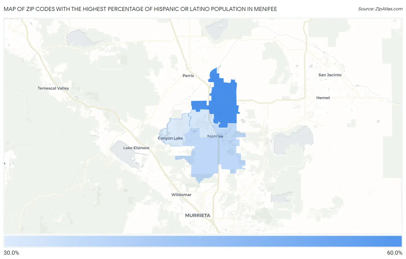 Zip Codes with the Highest Percentage of Hispanic or Latino Population in Menifee Map