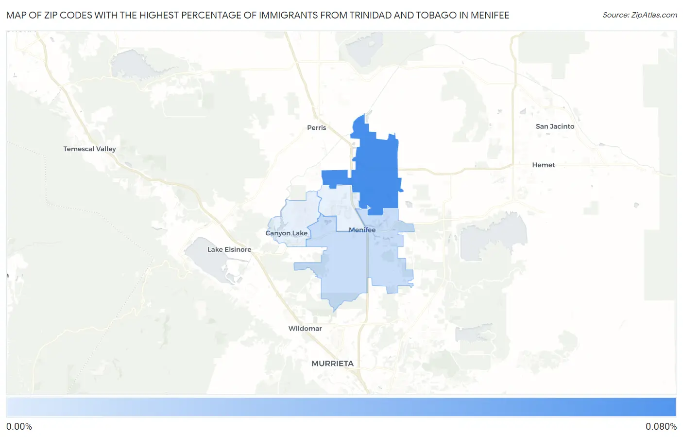 Zip Codes with the Highest Percentage of Immigrants from Trinidad and Tobago in Menifee Map