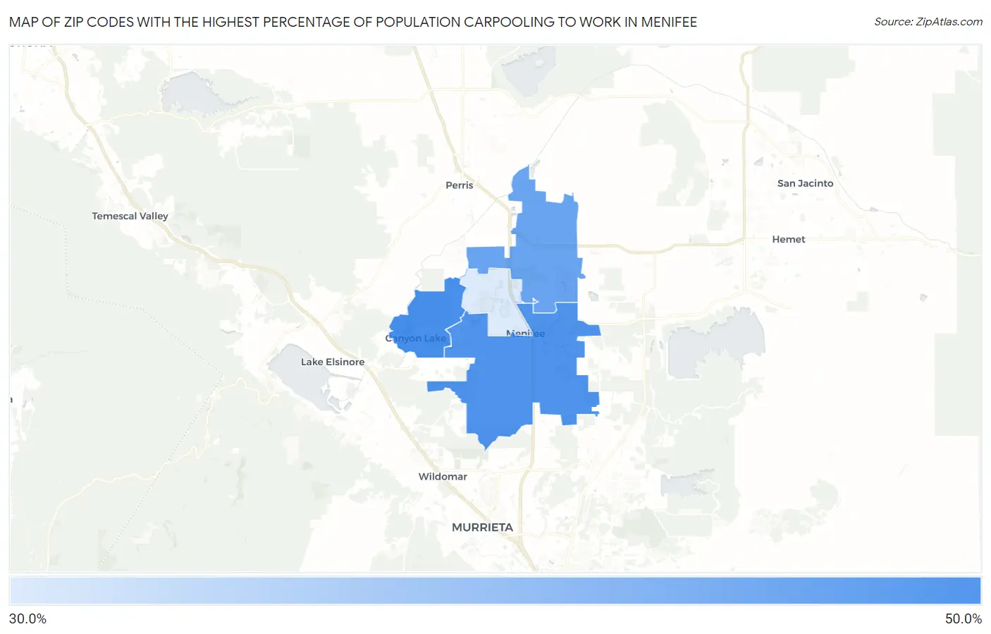 Zip Codes with the Highest Percentage of Population Carpooling to Work in Menifee Map