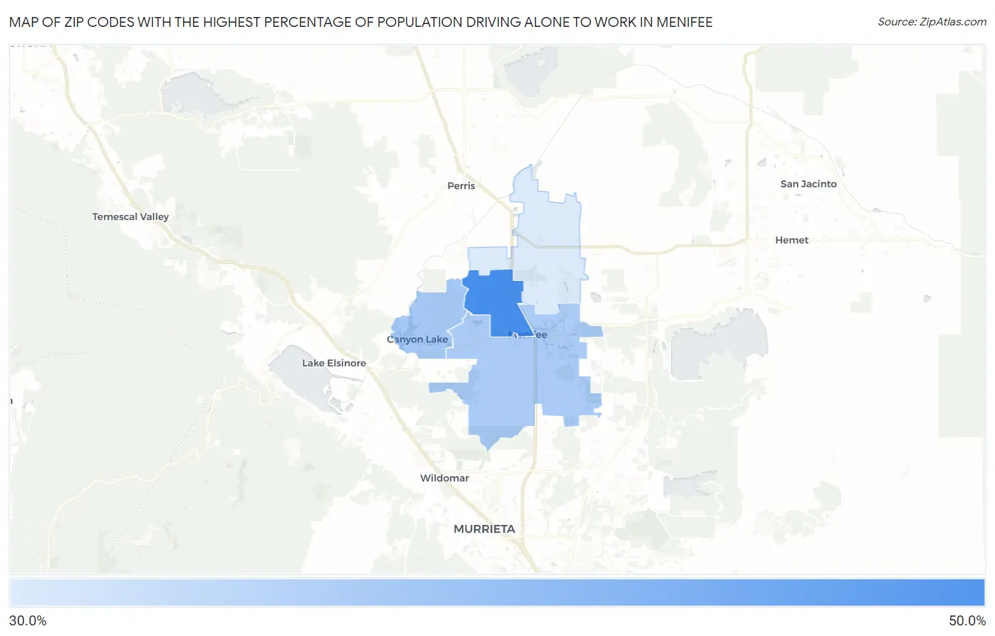 Zip Codes with the Highest Percentage of Population Driving Alone to Work in Menifee Map