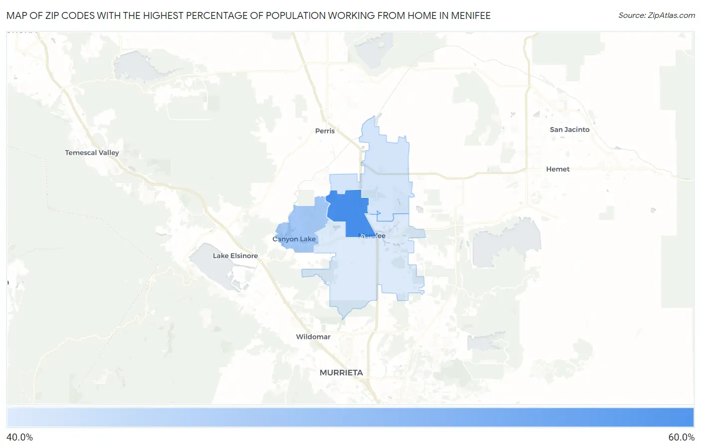 Zip Codes with the Highest Percentage of Population Working from Home in Menifee Map