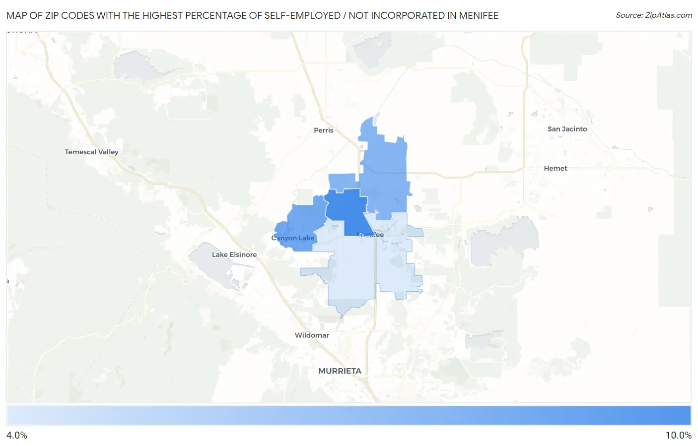 Zip Codes with the Highest Percentage of Self-Employed / Not Incorporated in Menifee Map