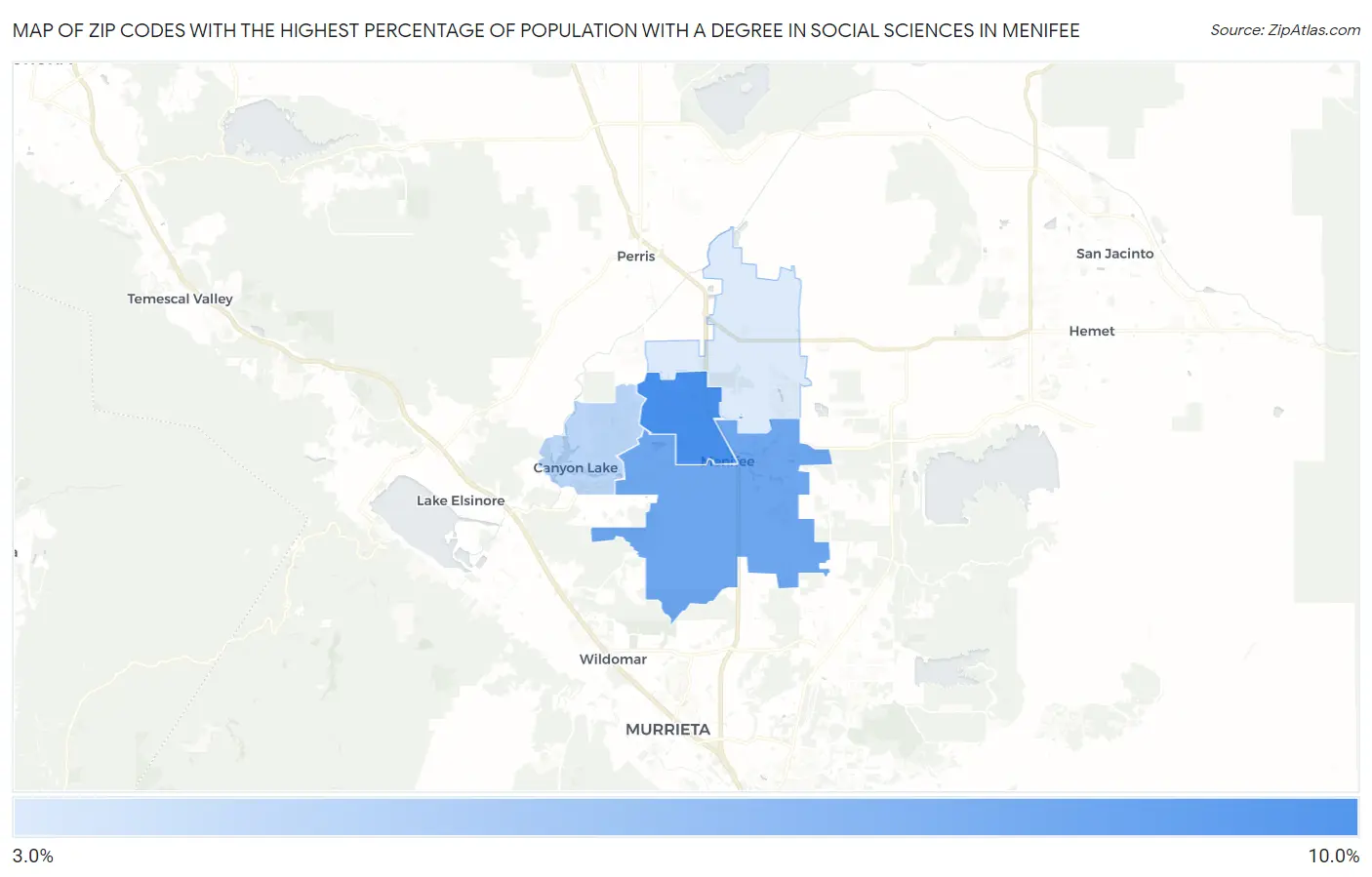 Zip Codes with the Highest Percentage of Population with a Degree in Social Sciences in Menifee Map