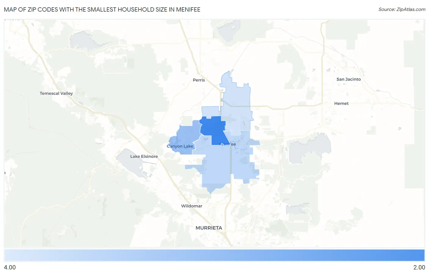 Zip Codes with the Smallest Household Size in Menifee Map