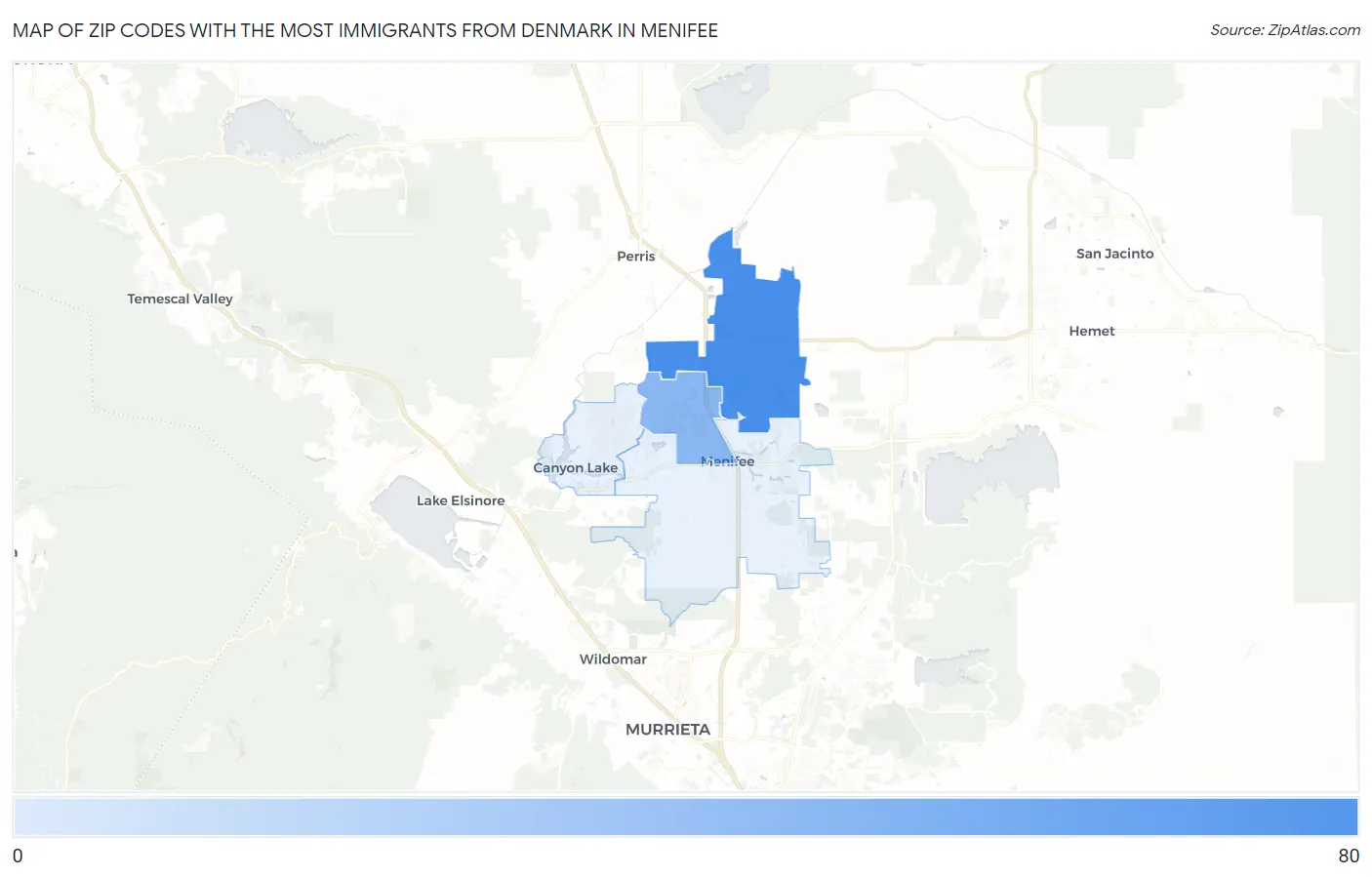 Zip Codes with the Most Immigrants from Denmark in Menifee Map
