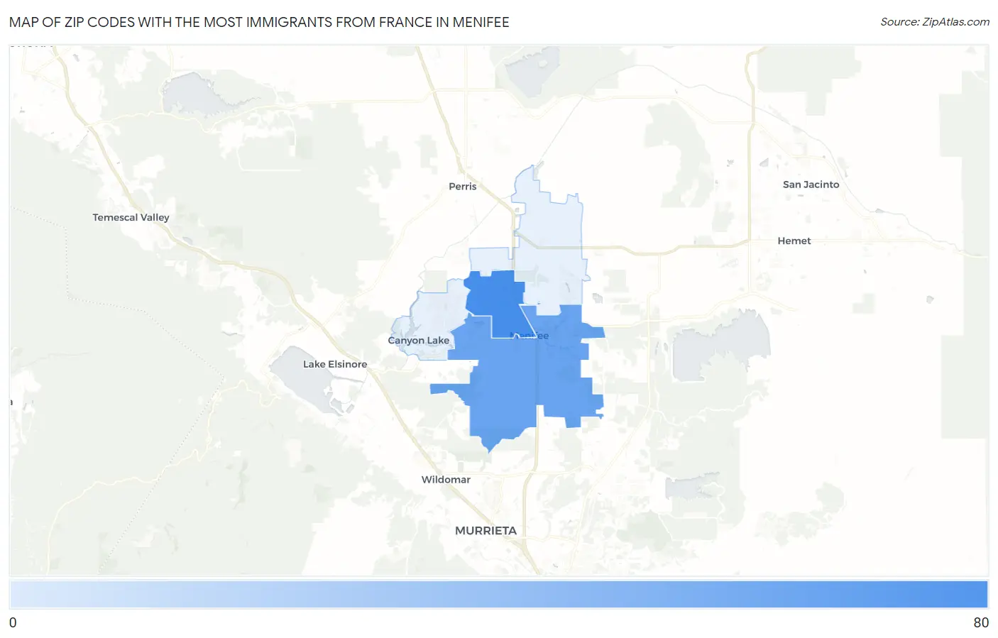 Zip Codes with the Most Immigrants from France in Menifee Map