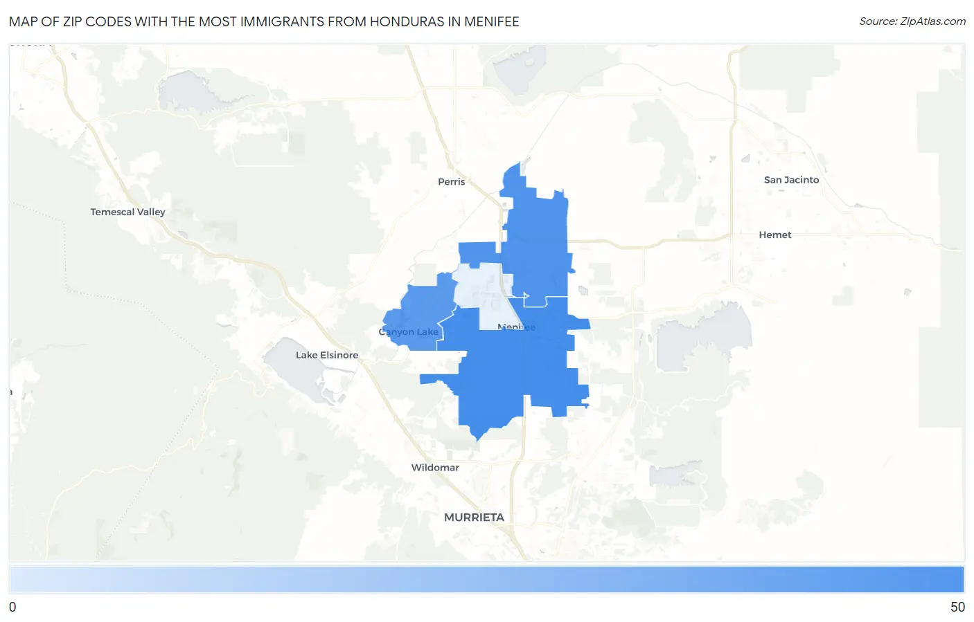 Zip Codes with the Most Immigrants from Honduras in Menifee Map