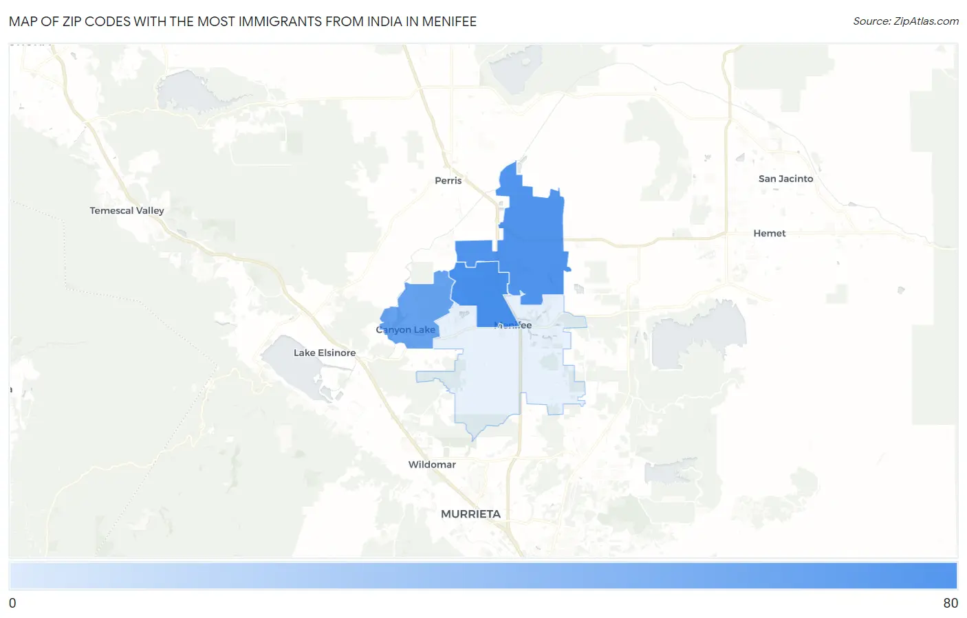 Zip Codes with the Most Immigrants from India in Menifee Map