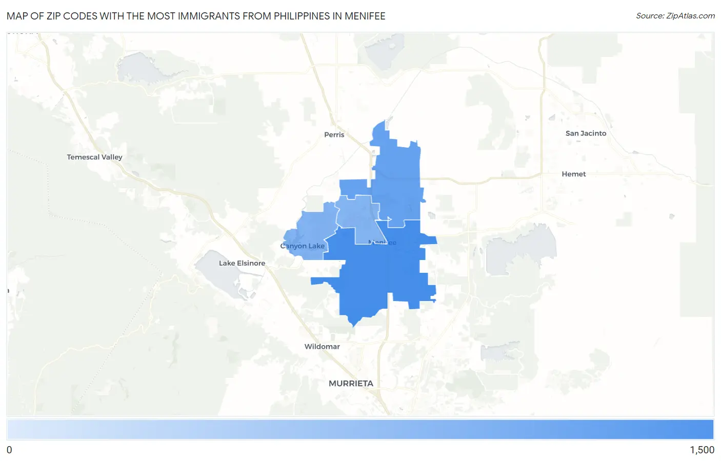 Zip Codes with the Most Immigrants from Philippines in Menifee Map