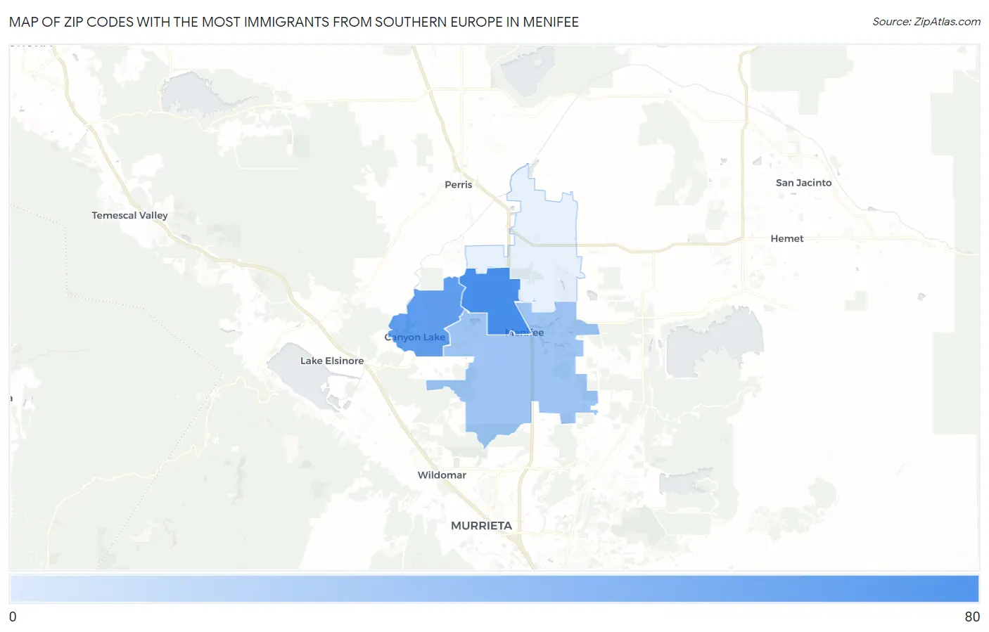 Zip Codes with the Most Immigrants from Southern Europe in Menifee Map