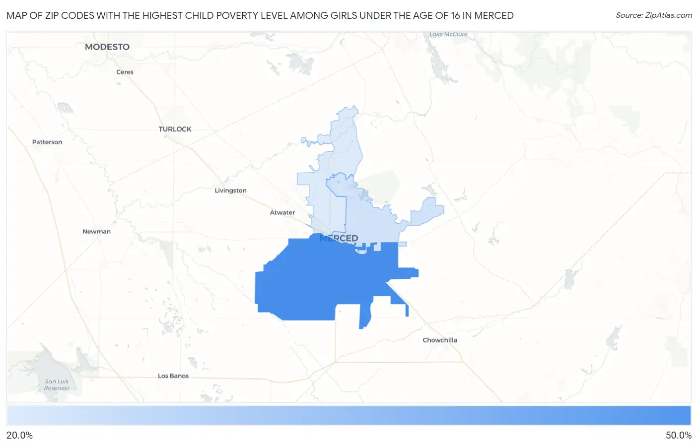 Zip Codes with the Highest Child Poverty Level Among Girls Under the Age of 16 in Merced Map