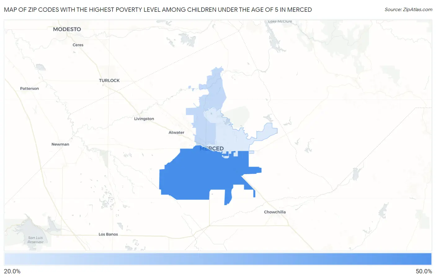 Zip Codes with the Highest Poverty Level Among Children Under the Age of 5 in Merced Map