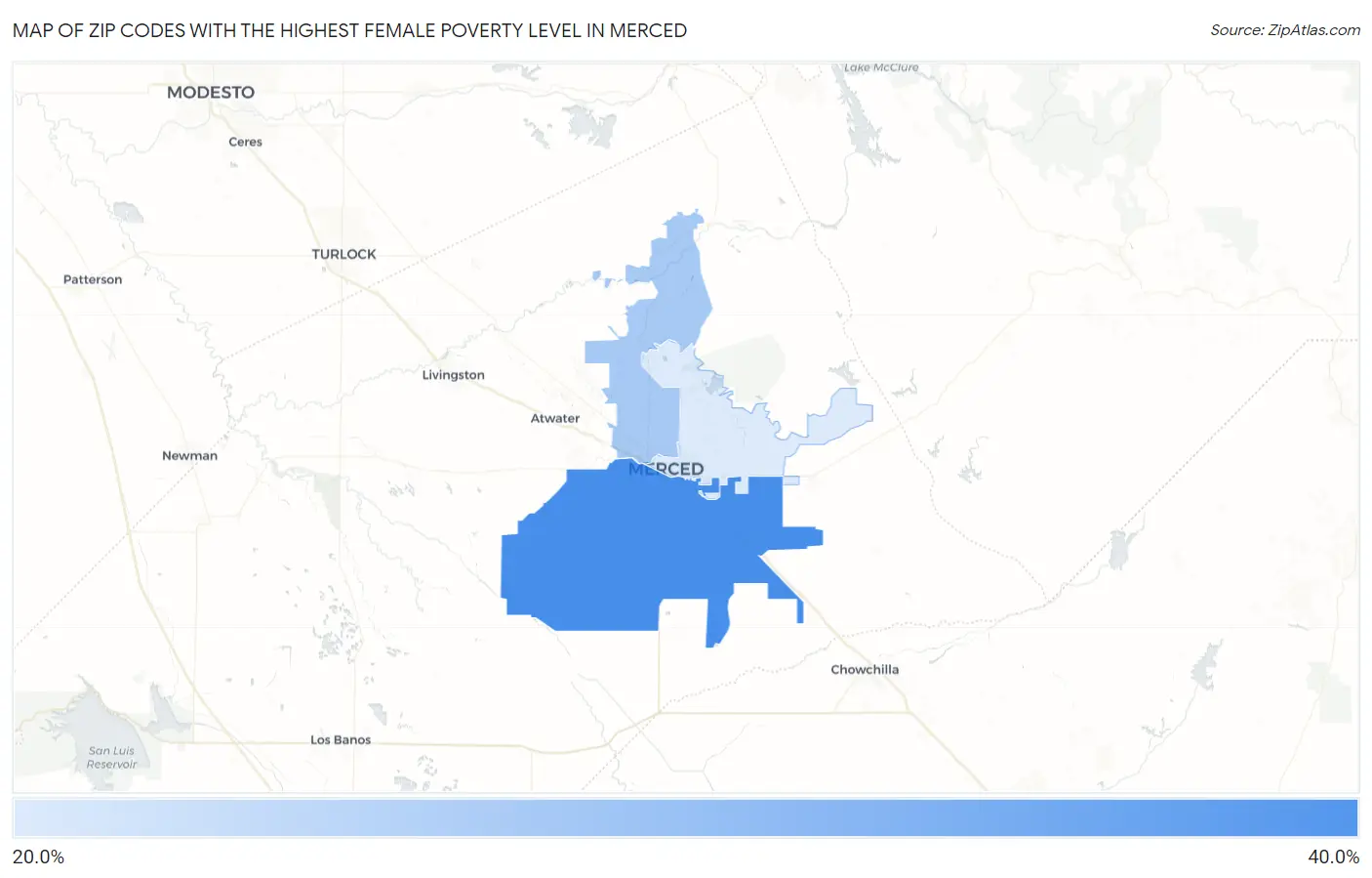Zip Codes with the Highest Female Poverty Level in Merced Map