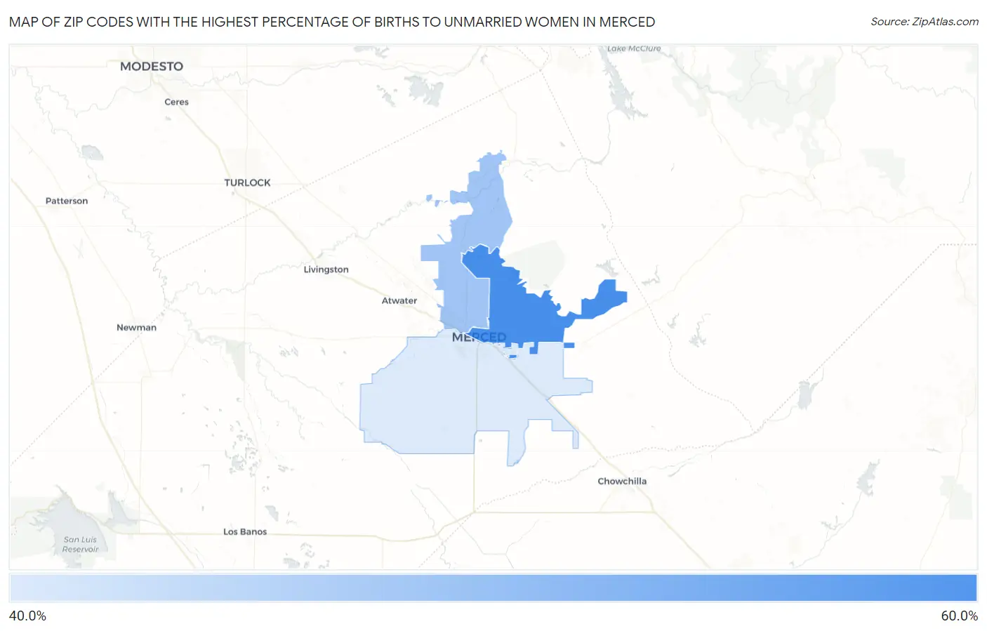 Zip Codes with the Highest Percentage of Births to Unmarried Women in Merced Map