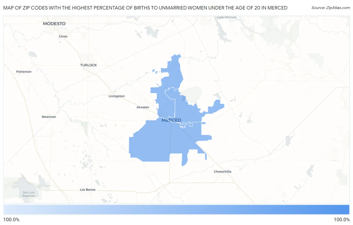 Zip Codes with the Highest Percentage of Births to Unmarried Women under the Age of 20 in Merced Map