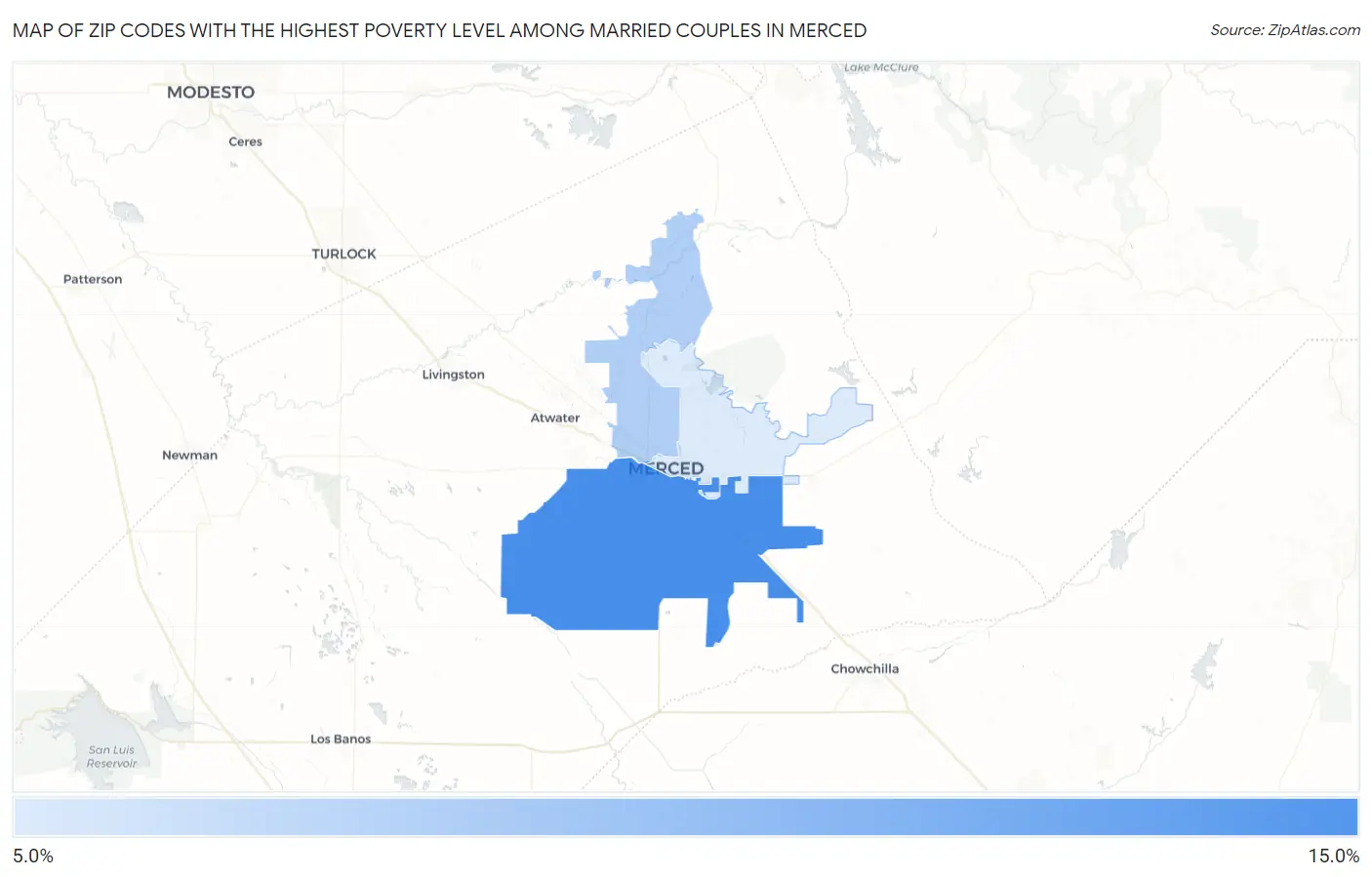 Zip Codes with the Highest Poverty Level Among Married Couples in Merced Map