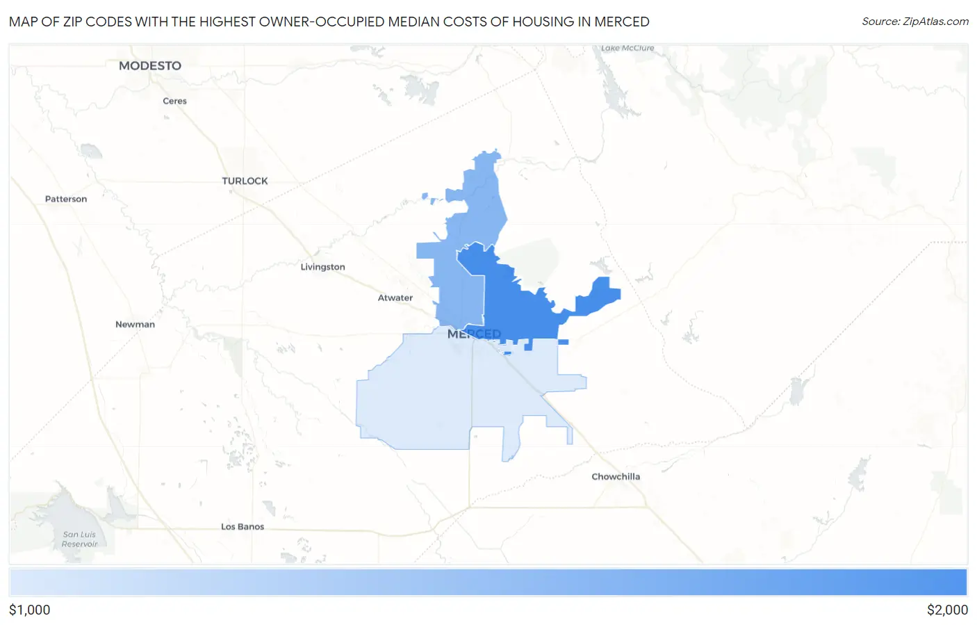 Zip Codes with the Highest Owner-Occupied Median Costs of Housing in Merced Map