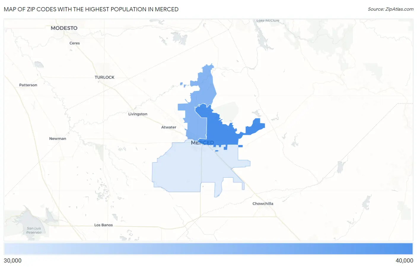 Zip Codes with the Highest Population in Merced Map