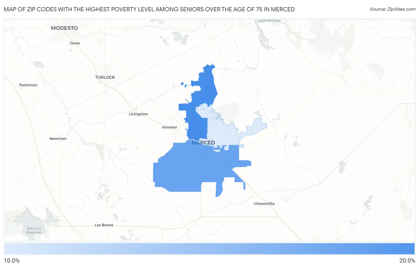 Zip Codes with the Highest Poverty Level Among Seniors Over the Age of 75 in Merced Map