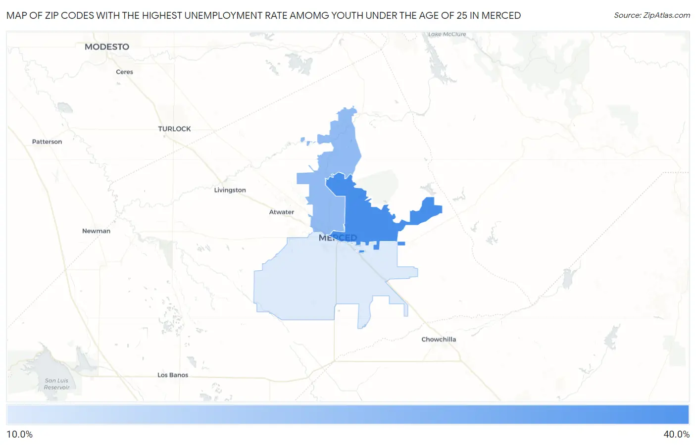 Zip Codes with the Highest Unemployment Rate Amomg Youth Under the Age of 25 in Merced Map