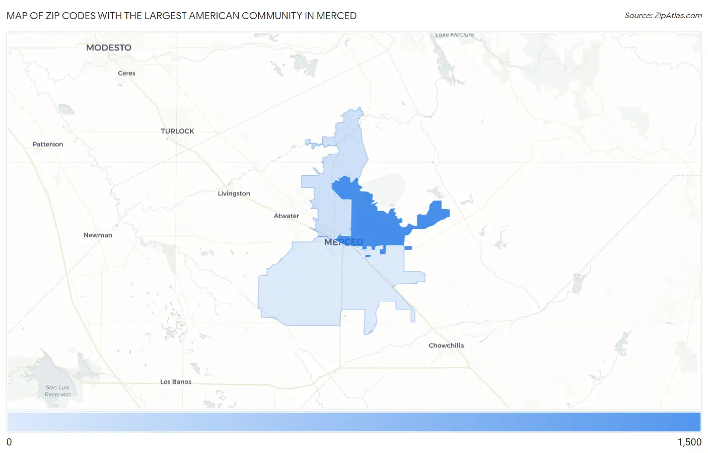 Zip Codes with the Largest American Community in Merced Map