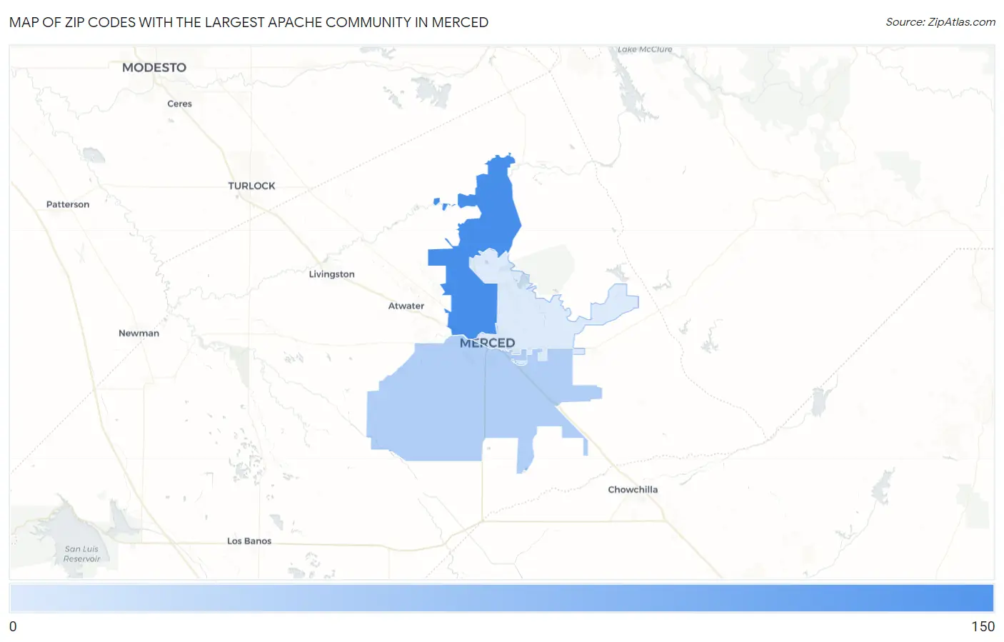 Zip Codes with the Largest Apache Community in Merced Map