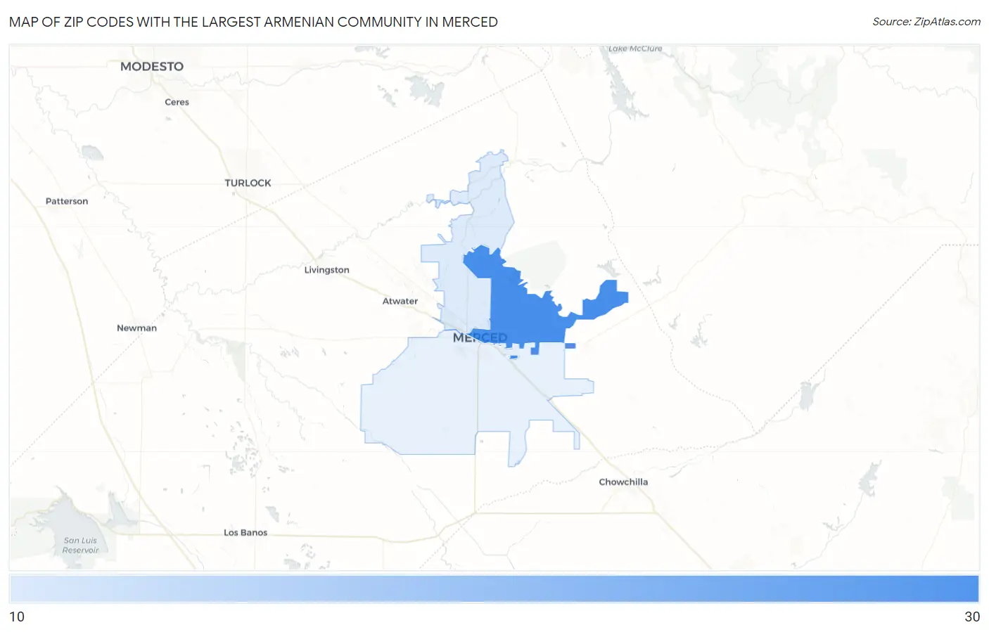 Zip Codes with the Largest Armenian Community in Merced Map