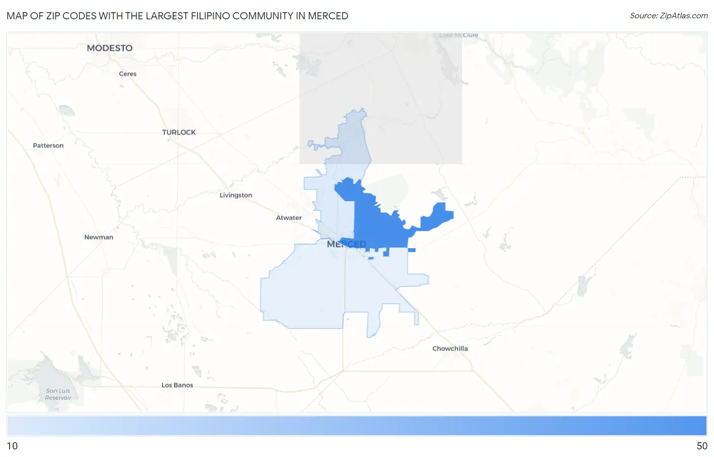 Zip Codes with the Largest Filipino Community in Merced Map