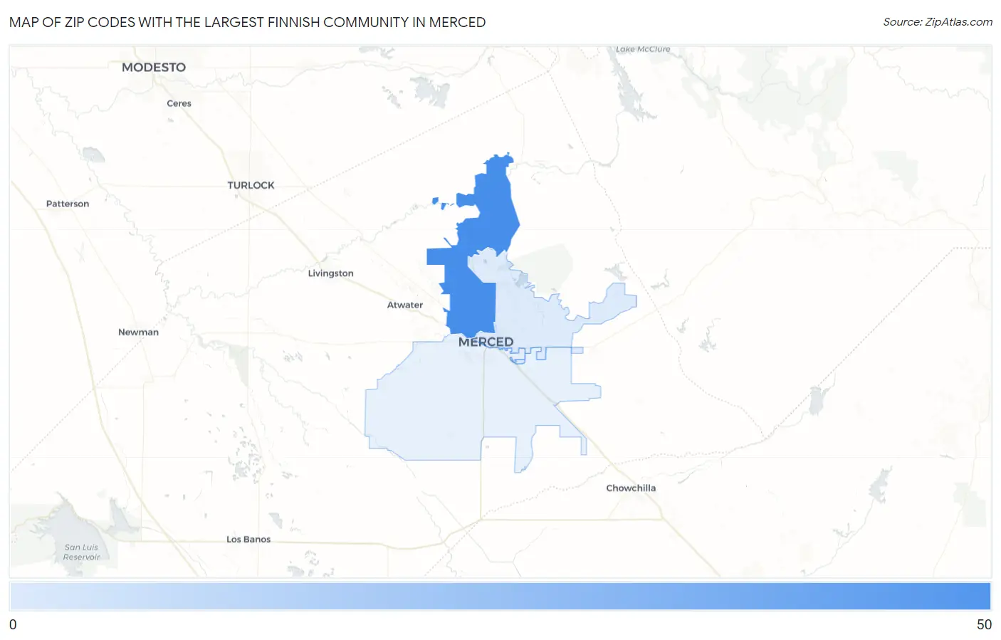 Zip Codes with the Largest Finnish Community in Merced Map