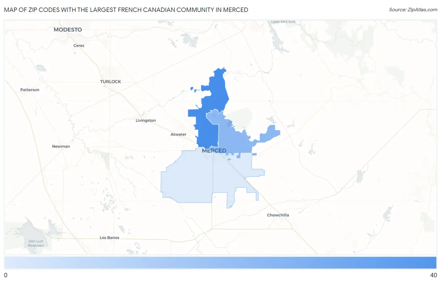 Zip Codes with the Largest French Canadian Community in Merced Map