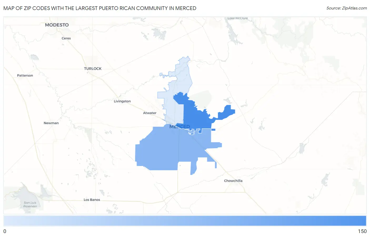 Zip Codes with the Largest Puerto Rican Community in Merced Map