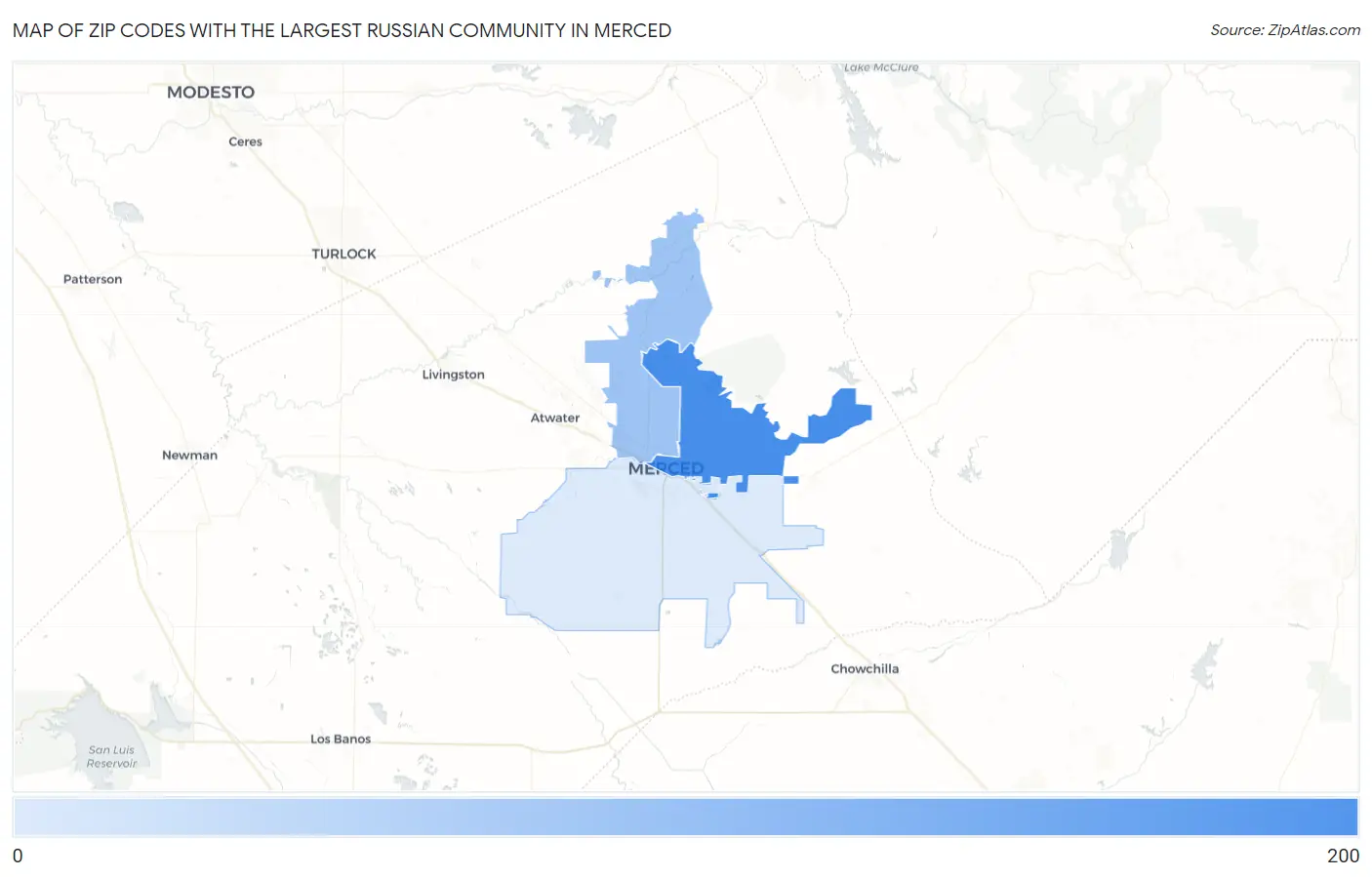 Zip Codes with the Largest Russian Community in Merced Map