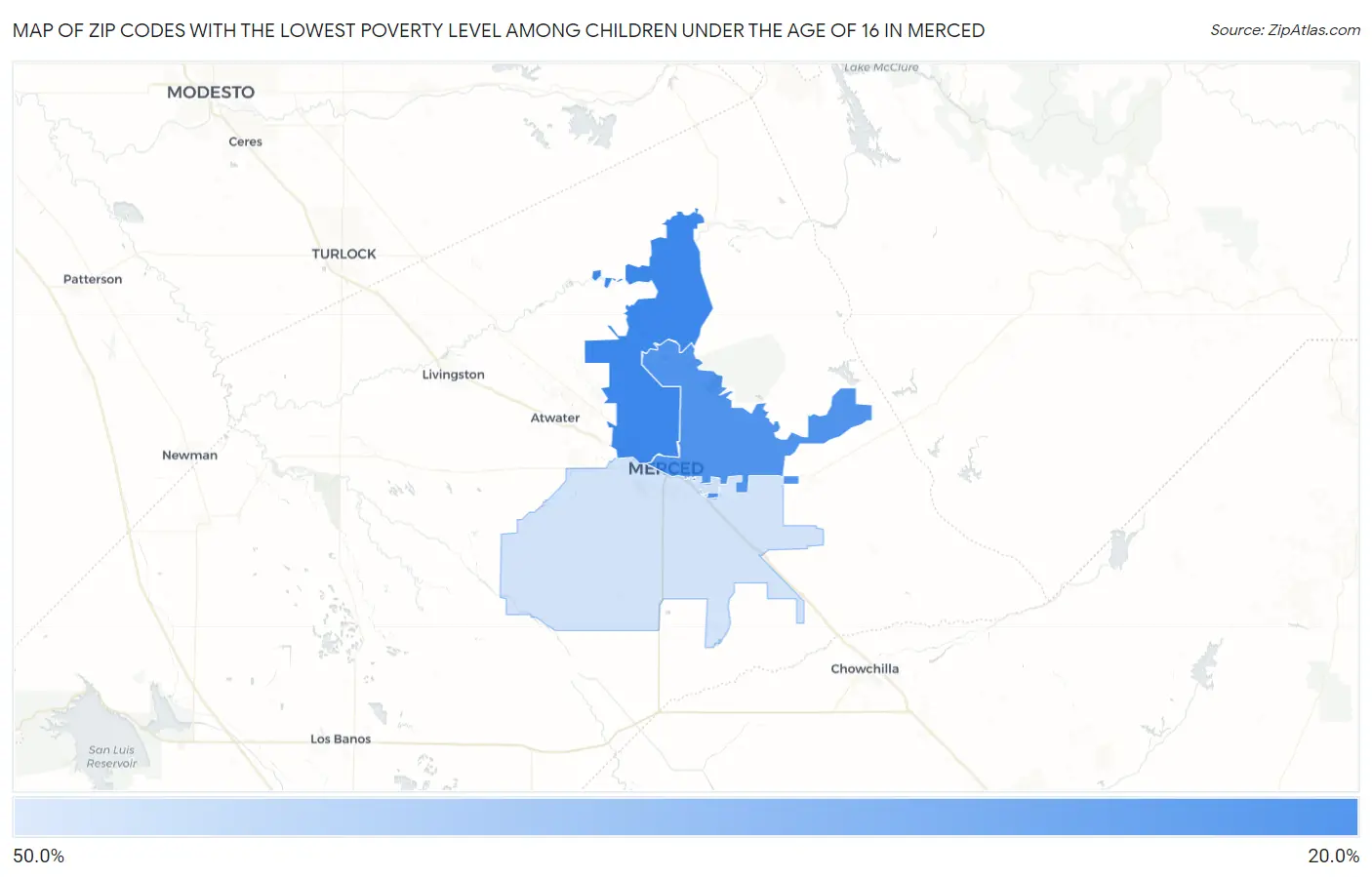 Zip Codes with the Lowest Poverty Level Among Children Under the Age of 16 in Merced Map