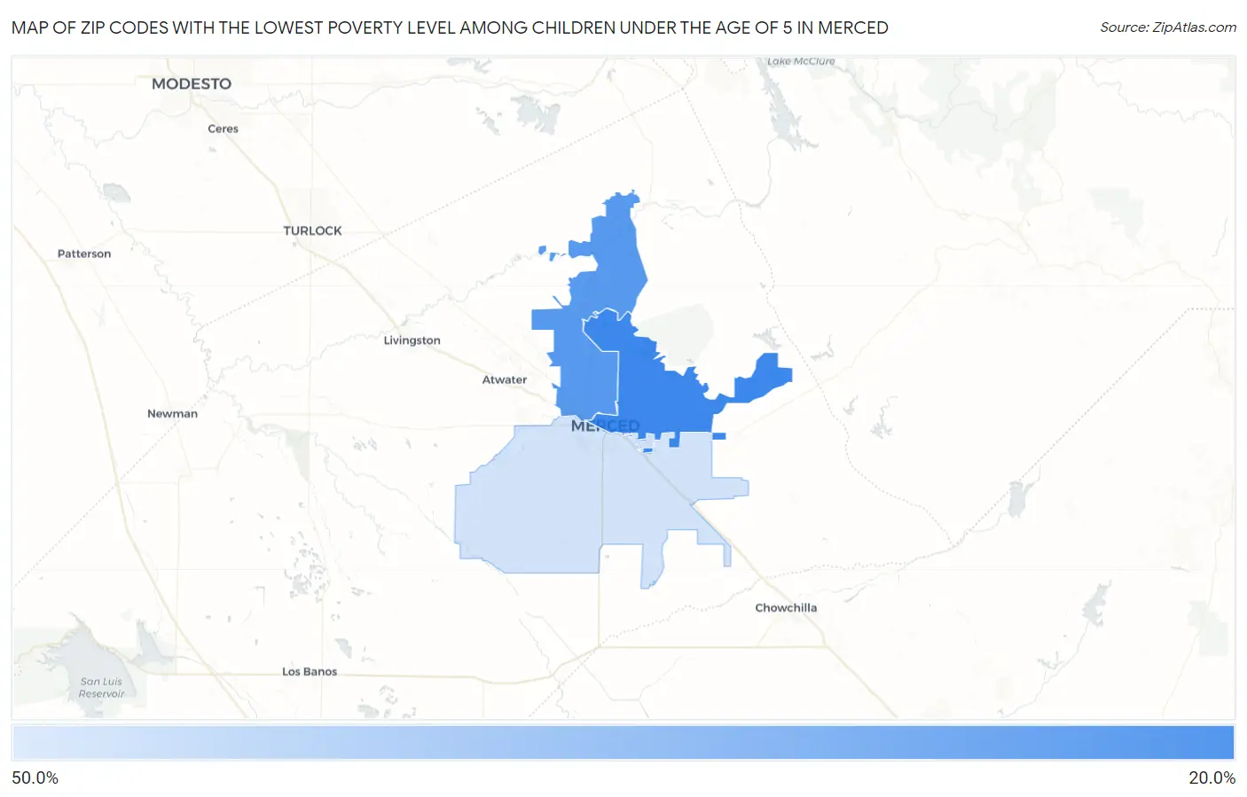 Zip Codes with the Lowest Poverty Level Among Children Under the Age of 5 in Merced Map