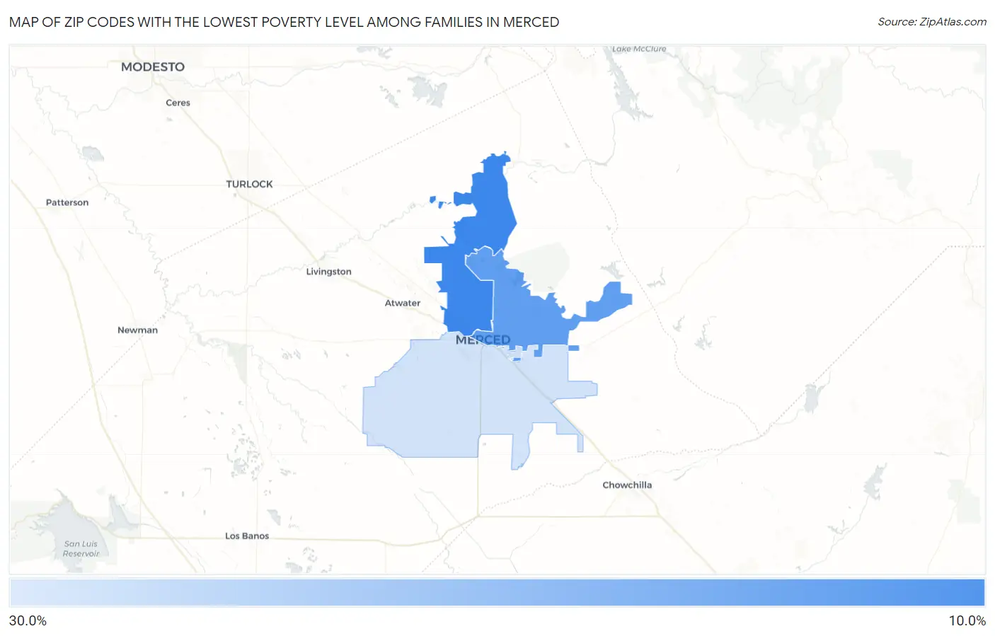 Zip Codes with the Lowest Poverty Level Among Families in Merced Map