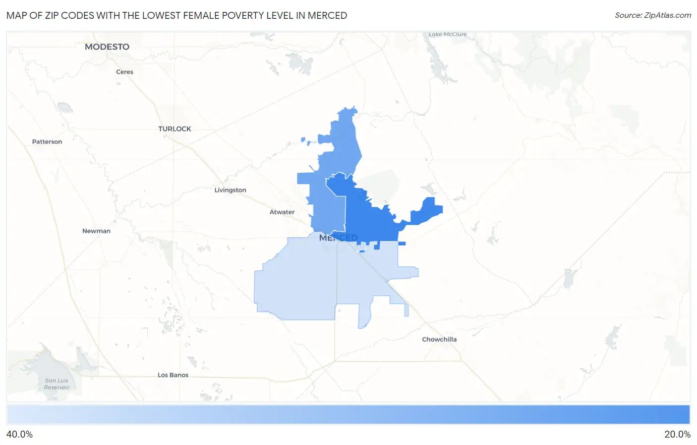 Zip Codes with the Lowest Female Poverty Level in Merced Map