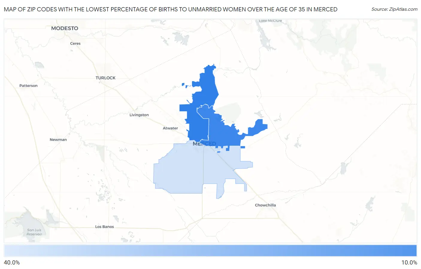 Zip Codes with the Lowest Percentage of Births to Unmarried Women over the Age of 35 in Merced Map
