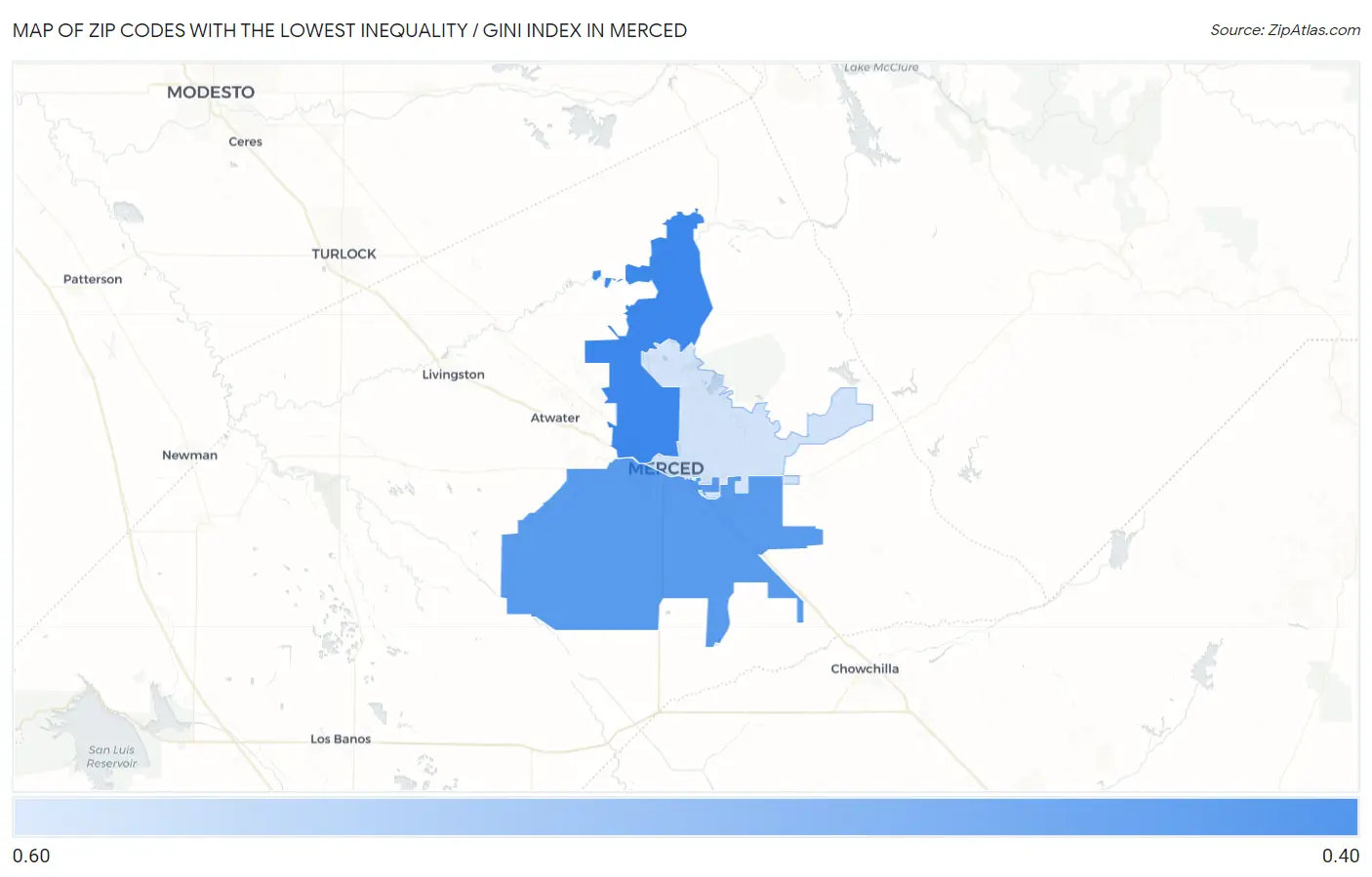 Zip Codes with the Lowest Inequality / Gini Index in Merced Map