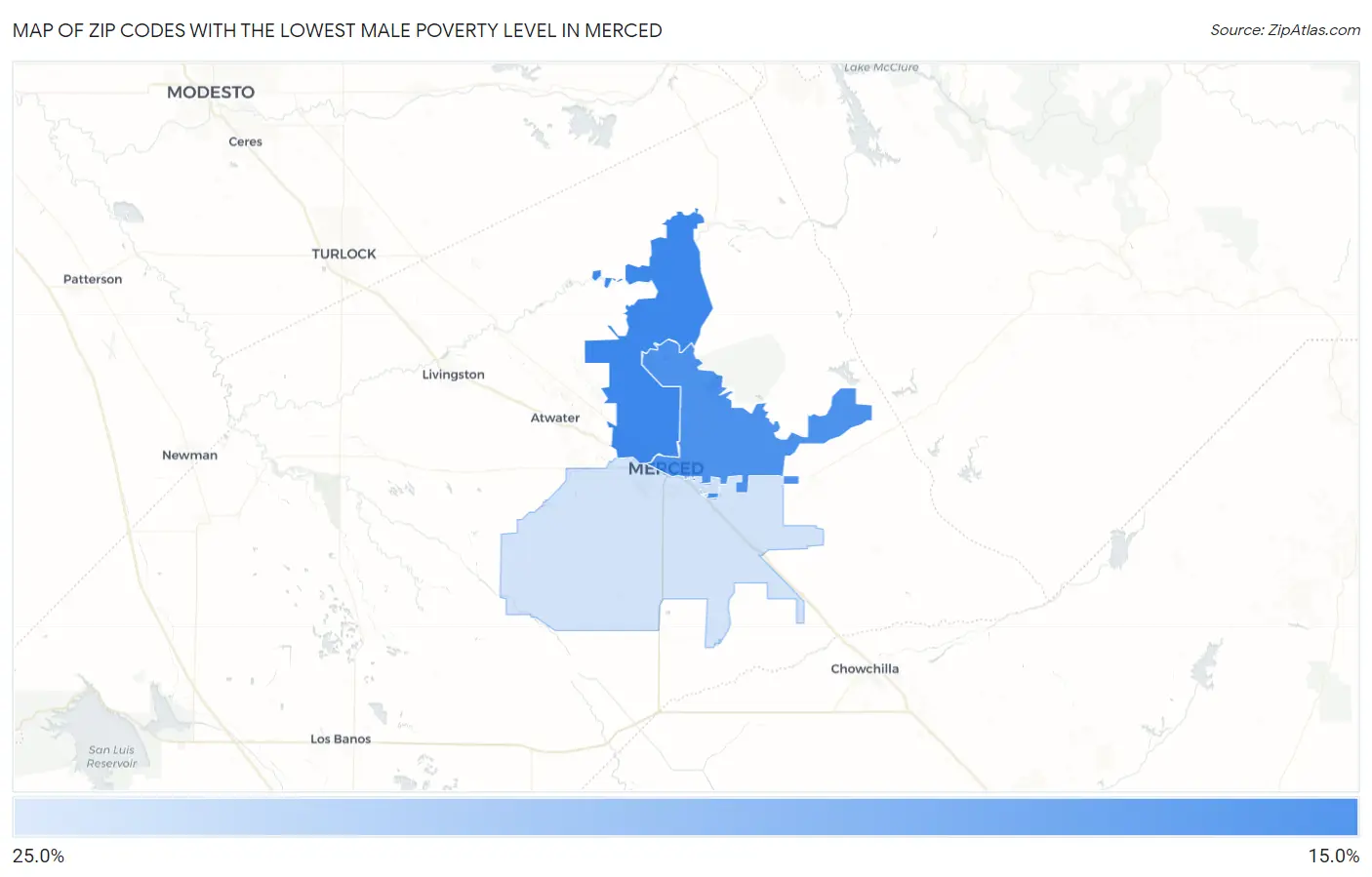 Zip Codes with the Lowest Male Poverty Level in Merced Map