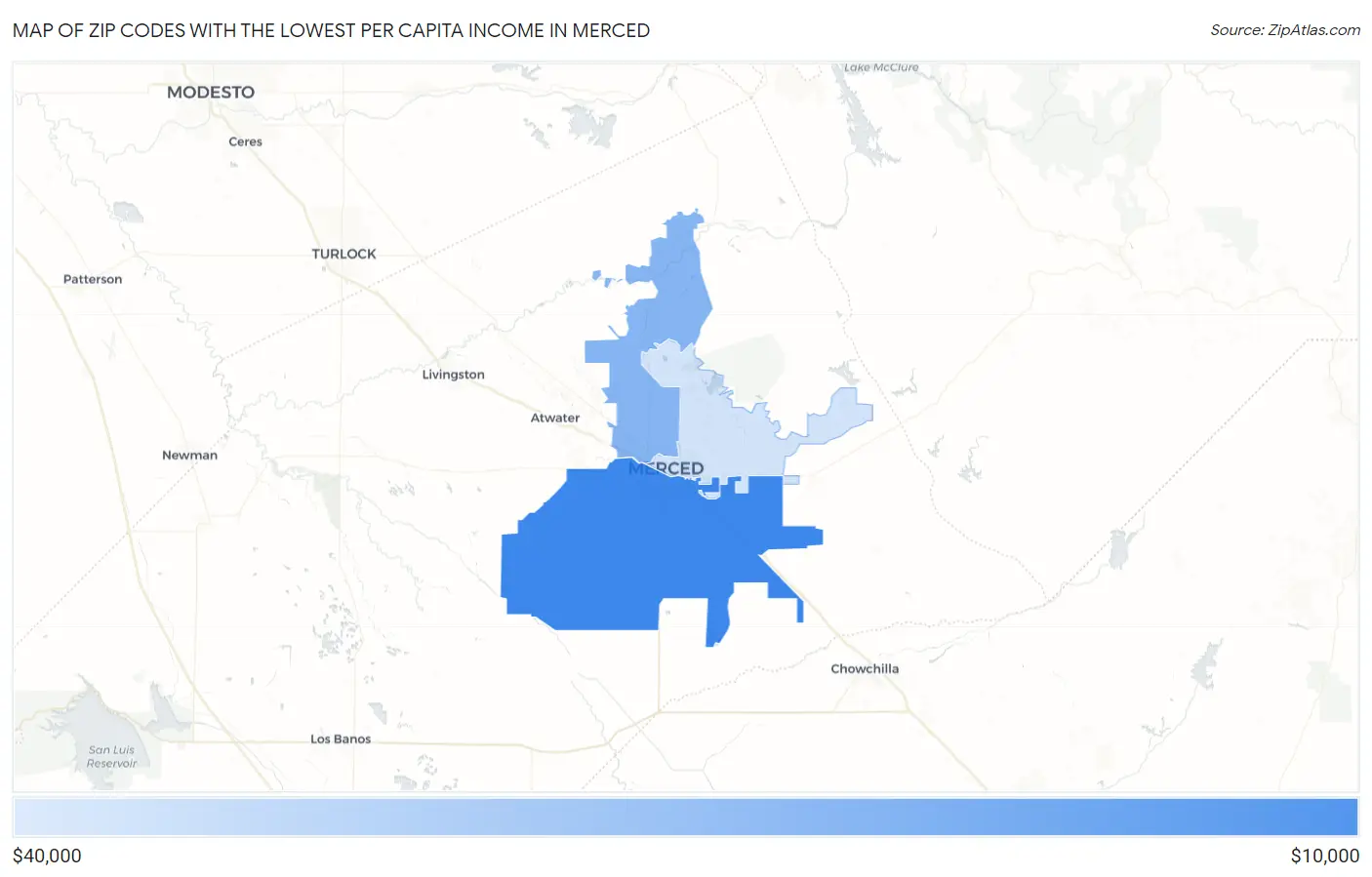 Zip Codes with the Lowest Per Capita Income in Merced Map