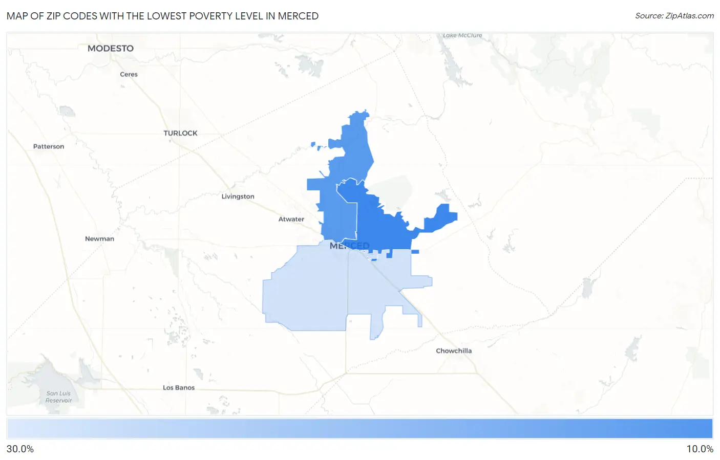 Zip Codes with the Lowest Poverty Level in Merced Map